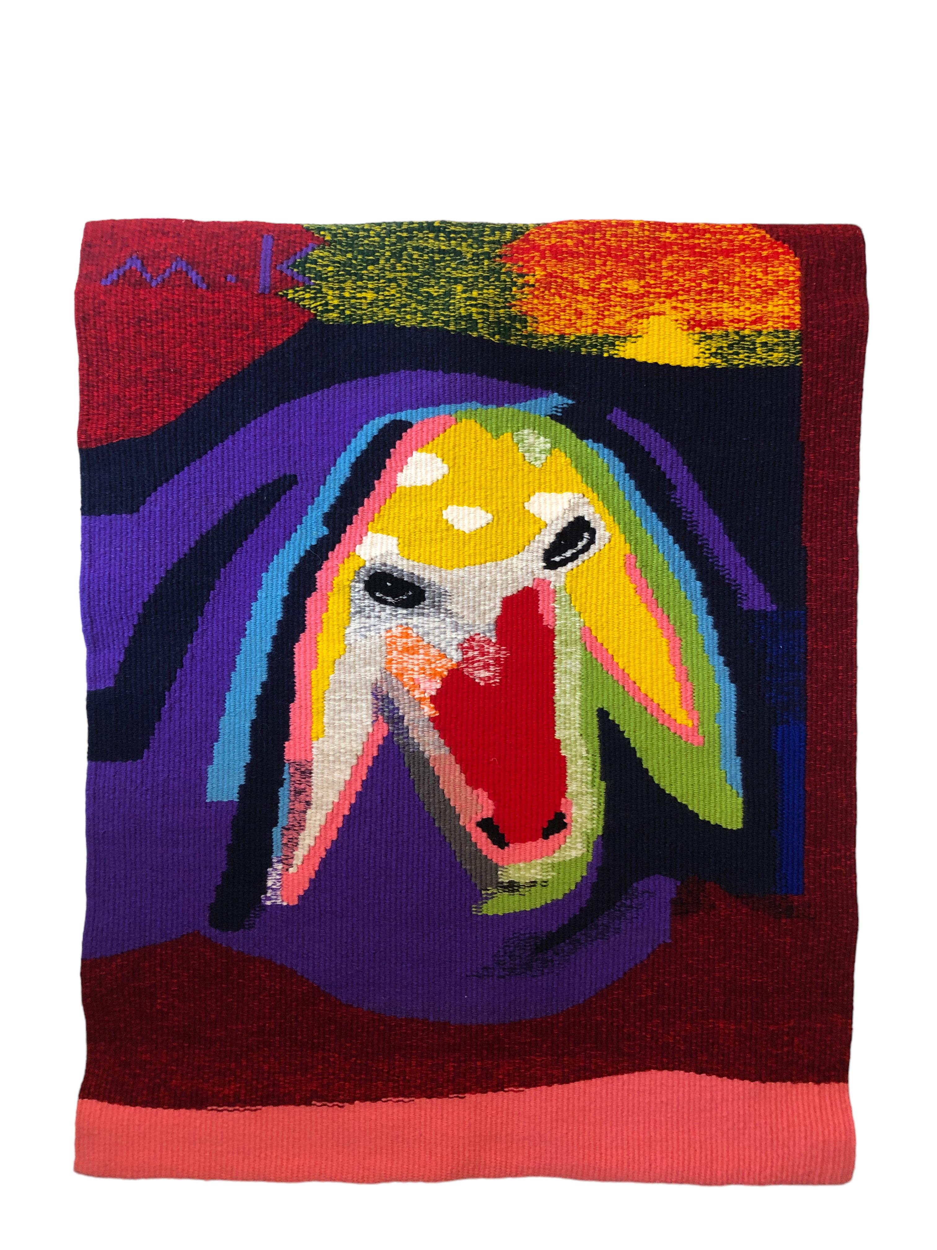  Israelischer handgewebter, farbenfroher Wandteppich aus Wolle, gewebt, Menashe Kadishman, Schafskopf  im Angebot 1