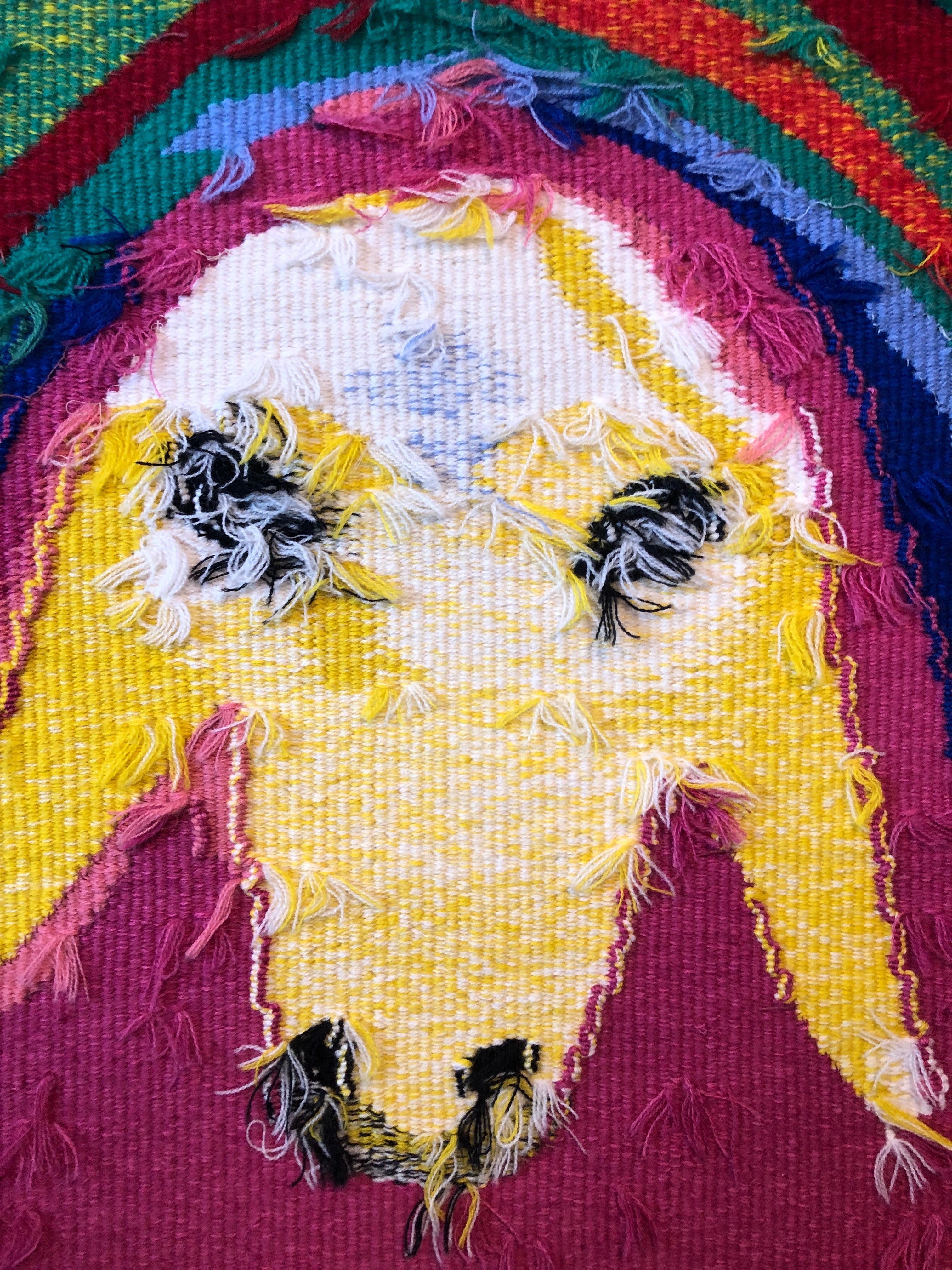  Israelischer handgewebter, farbenfroher Wandteppich aus Wolle, gewebt, Menashe Kadishman, Schafskopf  im Angebot 2