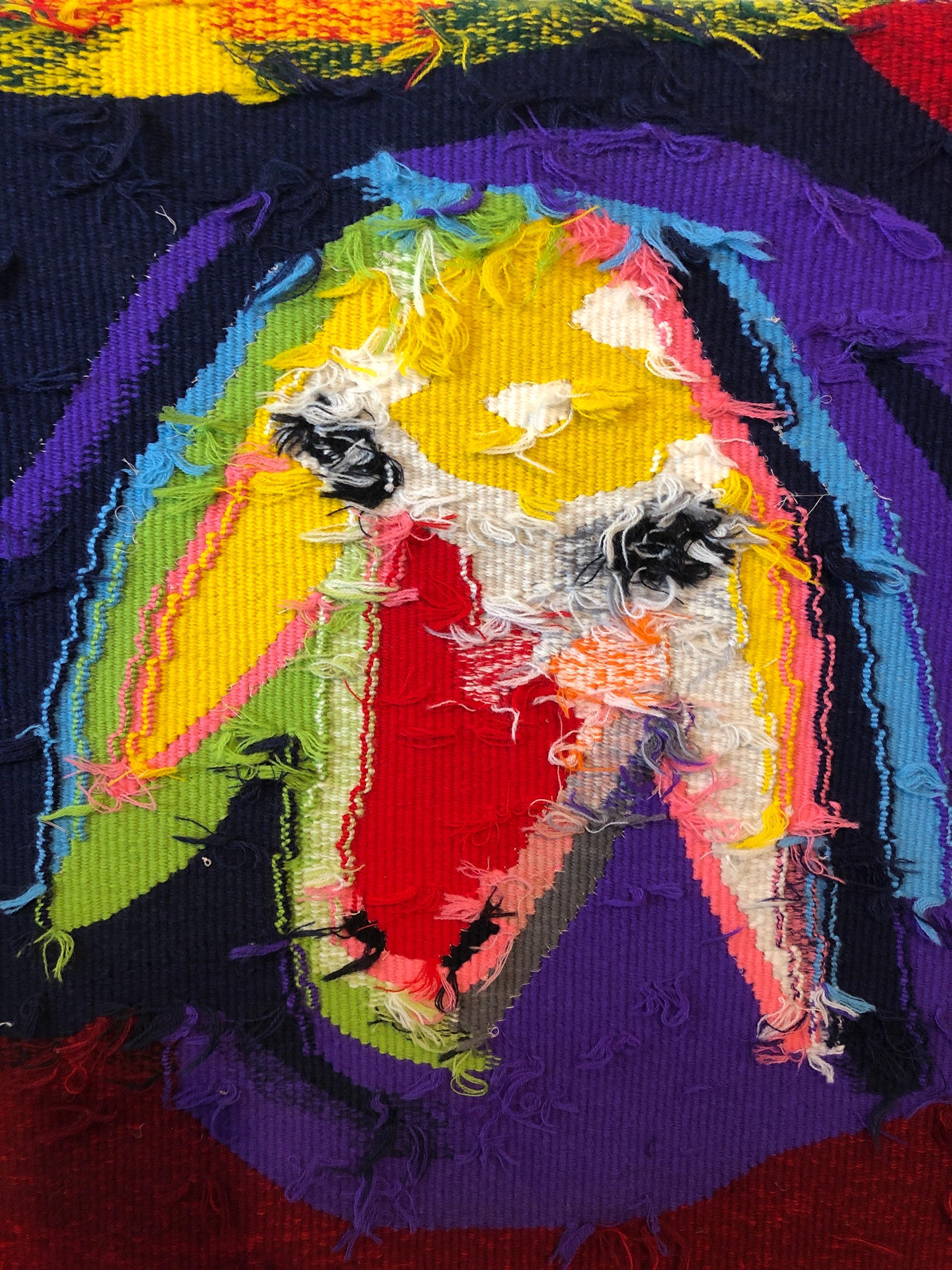  Israelischer handgewebter, farbenfroher Wandteppich aus Wolle, gewebt, Menashe Kadishman, Schafskopf  im Angebot 3