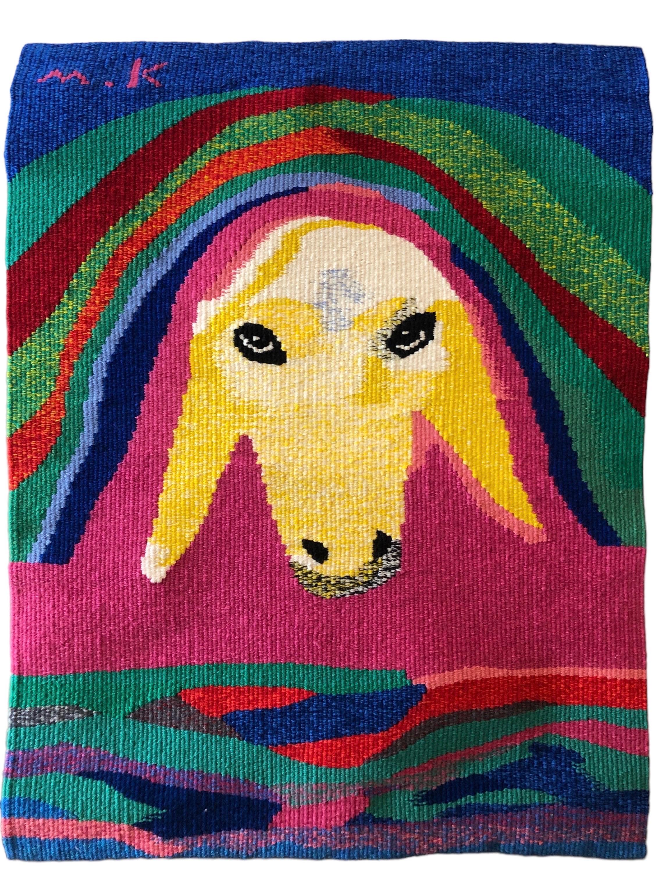  Israelischer handgewebter, farbenfroher Wandteppich aus Wolle, gewebt, Menashe Kadishman, Schafskopf  im Angebot 6