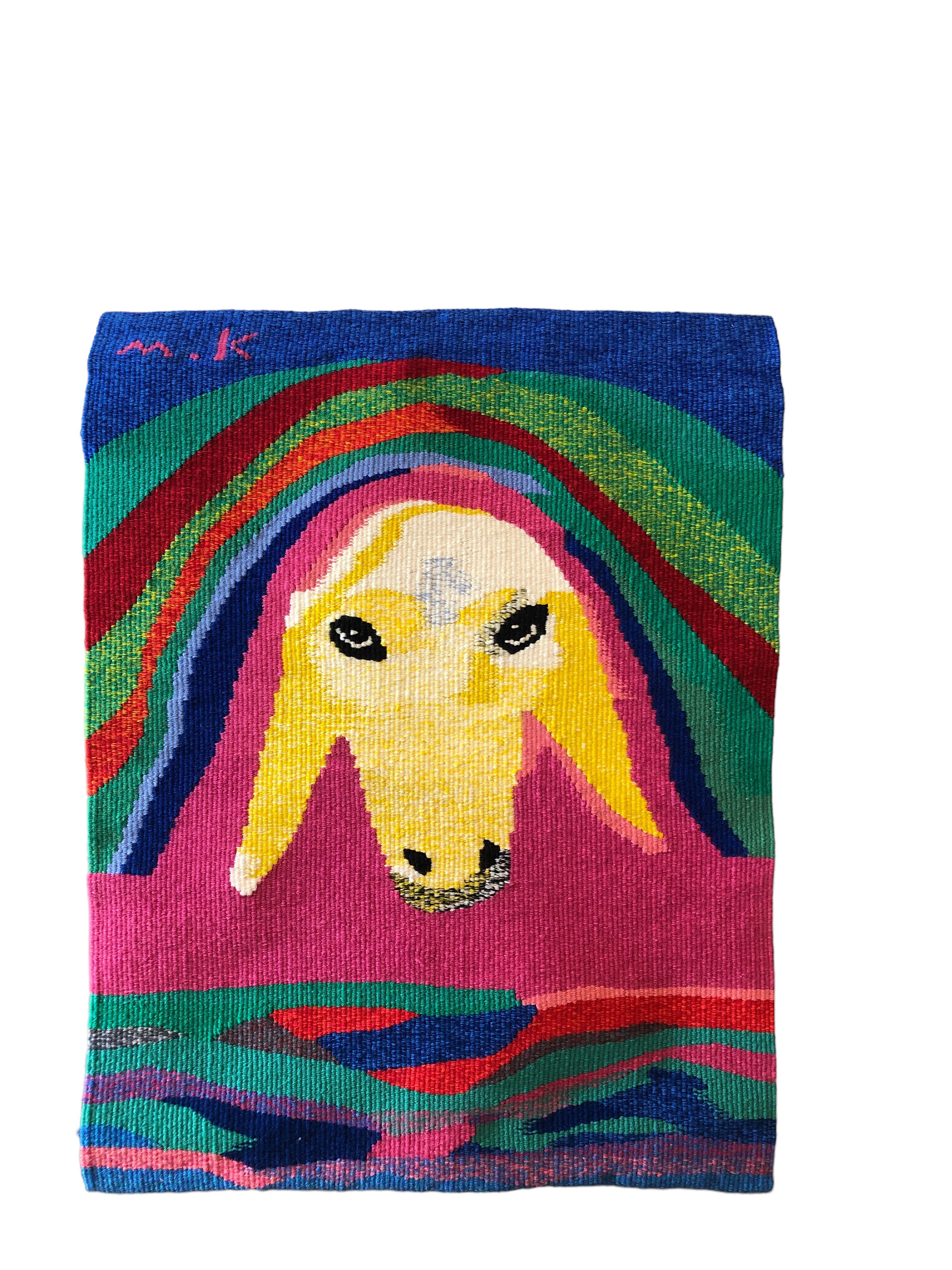 Israelischer handgewebter, farbenfroher Wandteppich aus Wolle, gewebt, Menashe Kadishman, Schafskopf  im Angebot 7