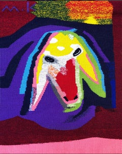 Vintage  Israeli Hand Woven Colorful Wool Tapestry Weaving Menashe Kadishman Sheep Head 