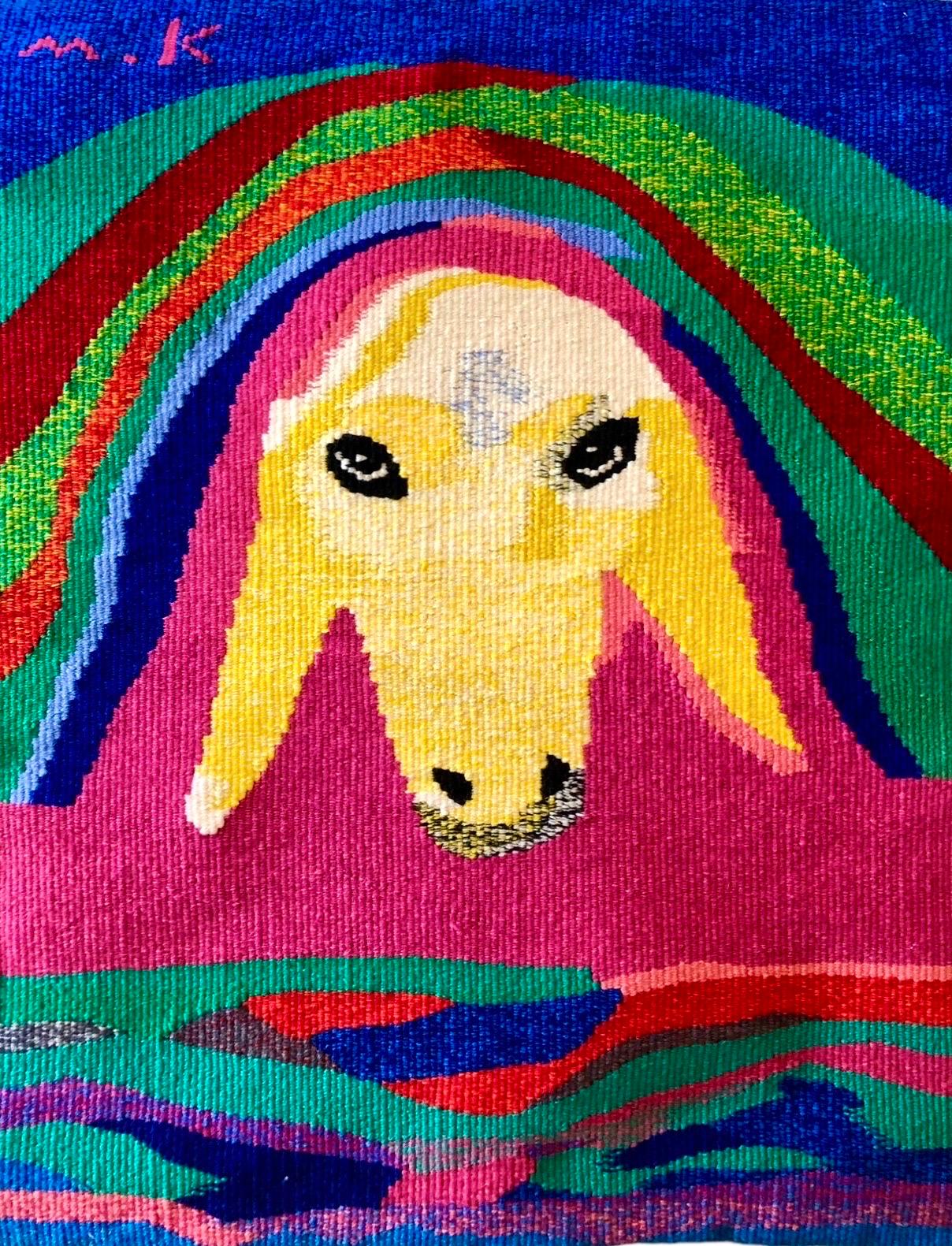 Beautiful hand woven tapestry by renowned Israeli sculptor Menashe Kadishman. Super quality, and visually stunning. 
It measures about 32.5 X 27.5 inches
It is signed with initials.

This is similar to an Aubusson style flat weave hand woven wool