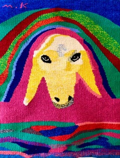 Retro  Israeli Hand Woven Colorful Wool Tapestry Weaving Menashe Kadishman Sheep Head 