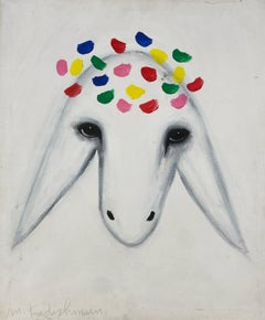 Acrylic painting iconic sheep head in white background