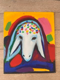 Acrylic painting iconic sheep head with crown in colorful background