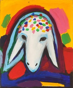 Acrylic painting iconic sheep head with crown in colorful background