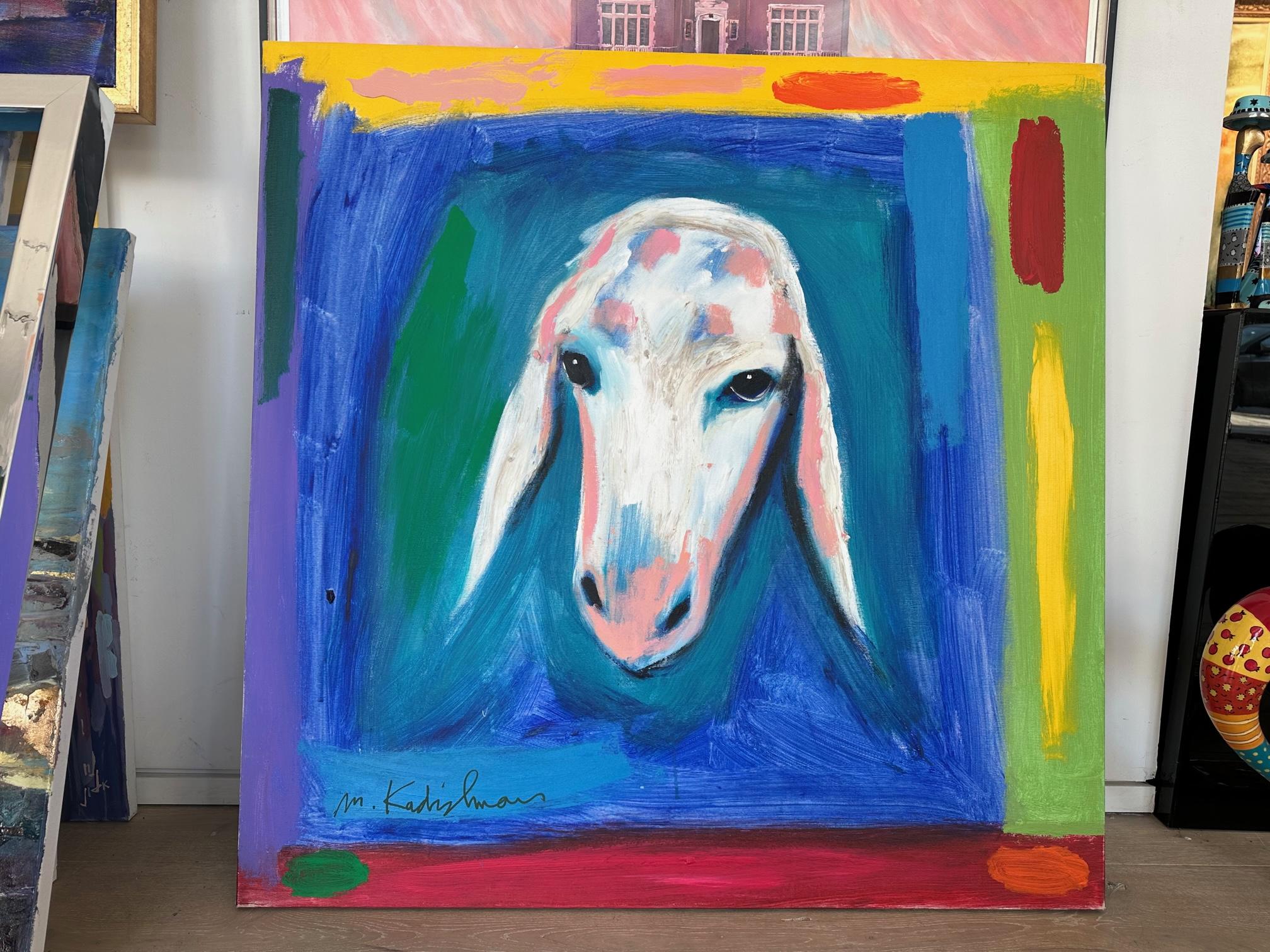 Schönes Gemälde auf Leinwand Schafe in blauen Farben von Kadishman im Angebot 1