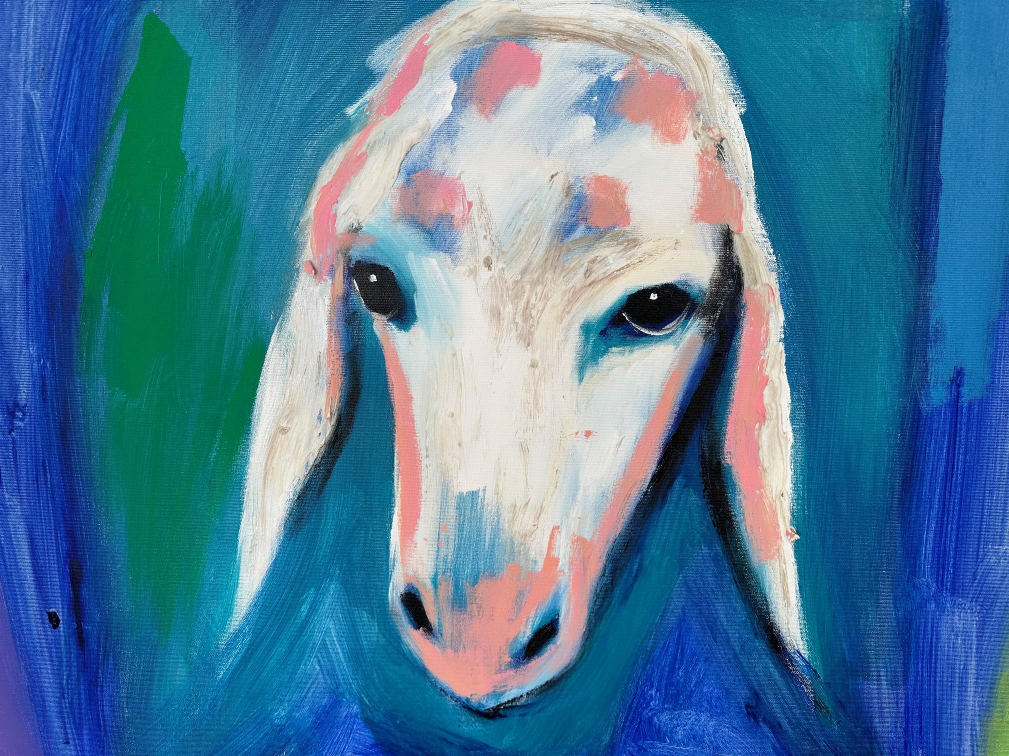 Schönes Gemälde auf Leinwand Schafe in blauen Farben von Kadishman im Angebot 2