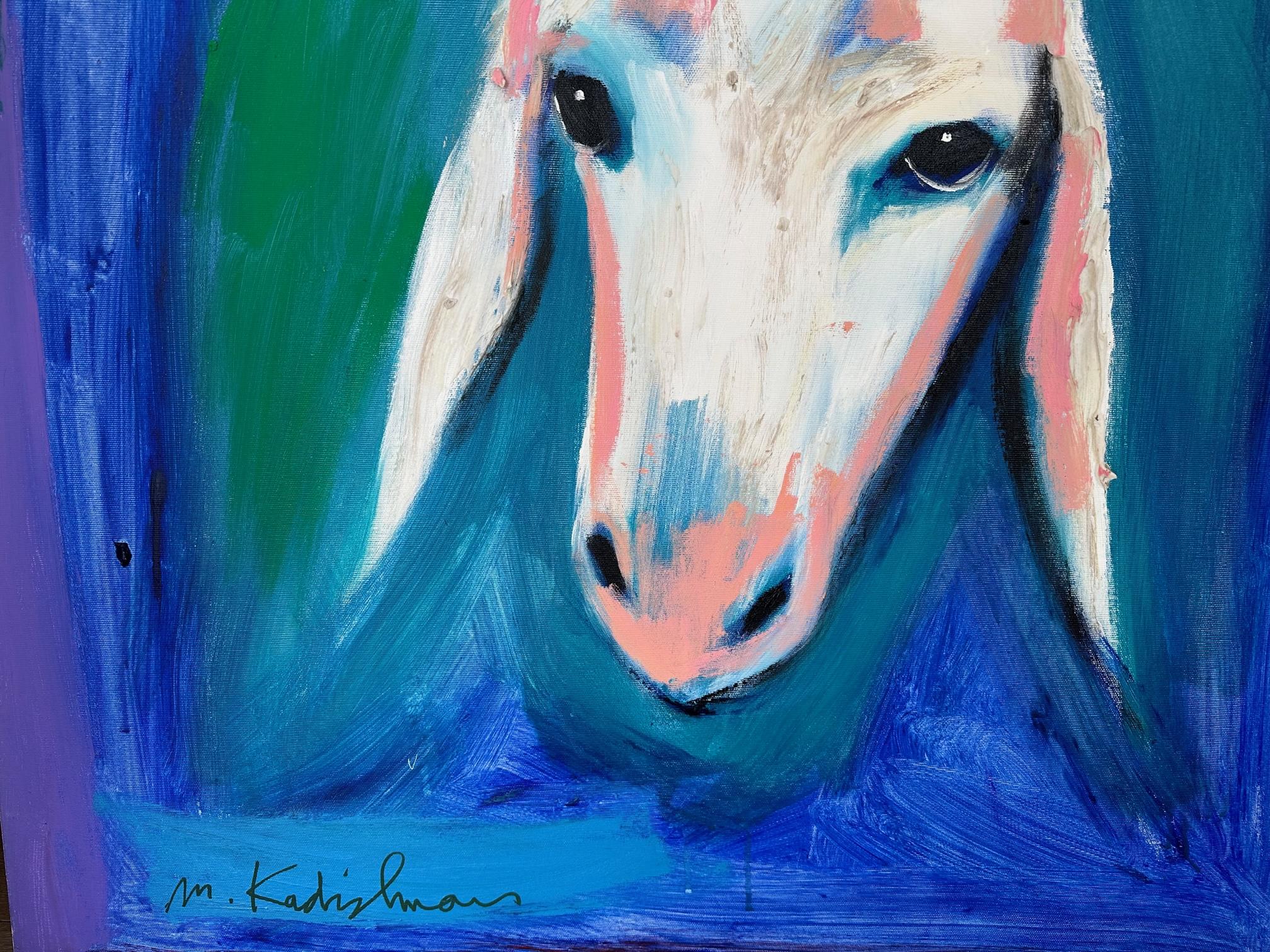 Schönes Gemälde auf Leinwand Schafe in blauen Farben von Kadishman im Angebot 3