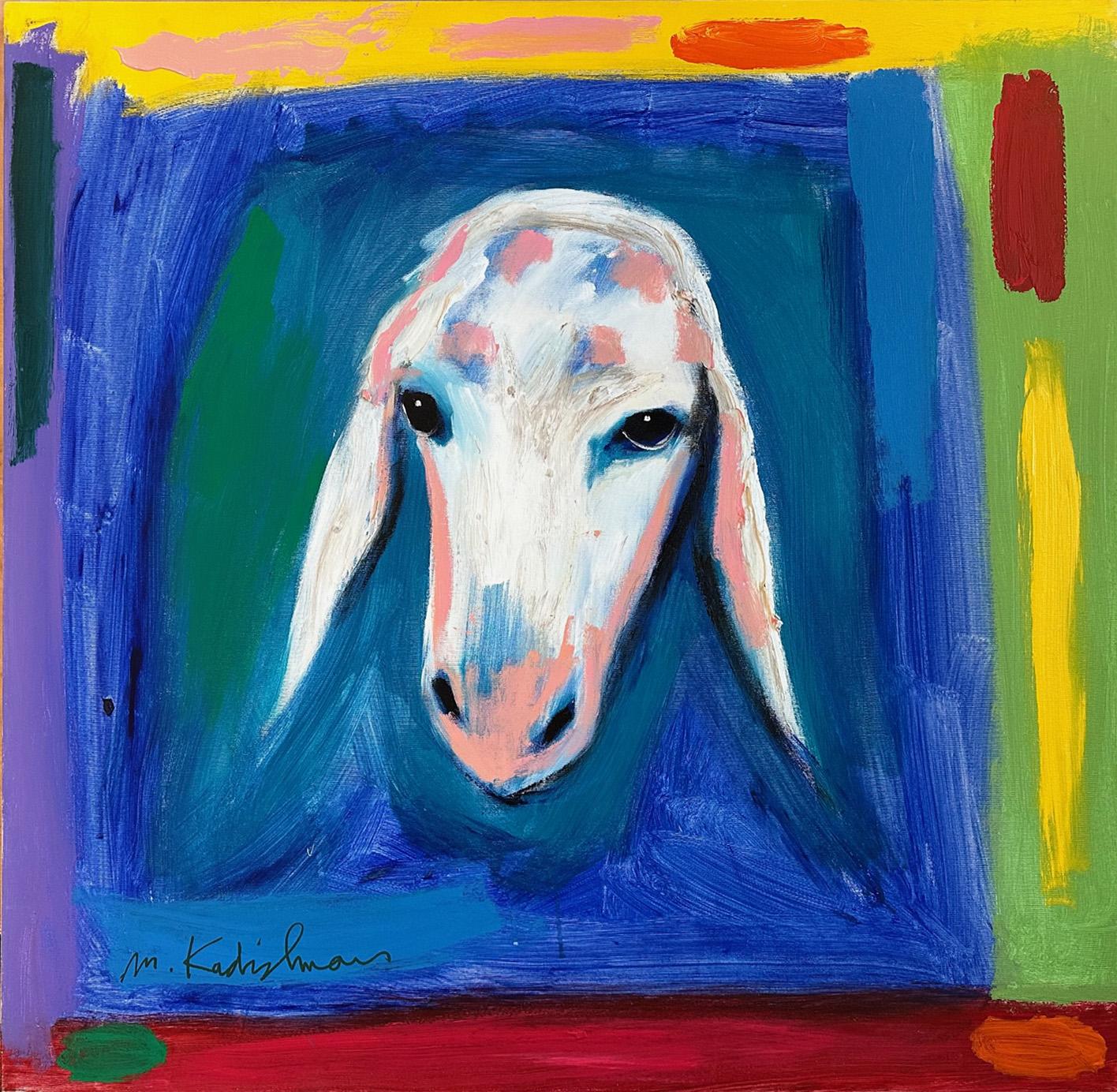 Beautiful canvas painting Sheep in blue colors by Kadishman - Painting by Menashe Kadishman