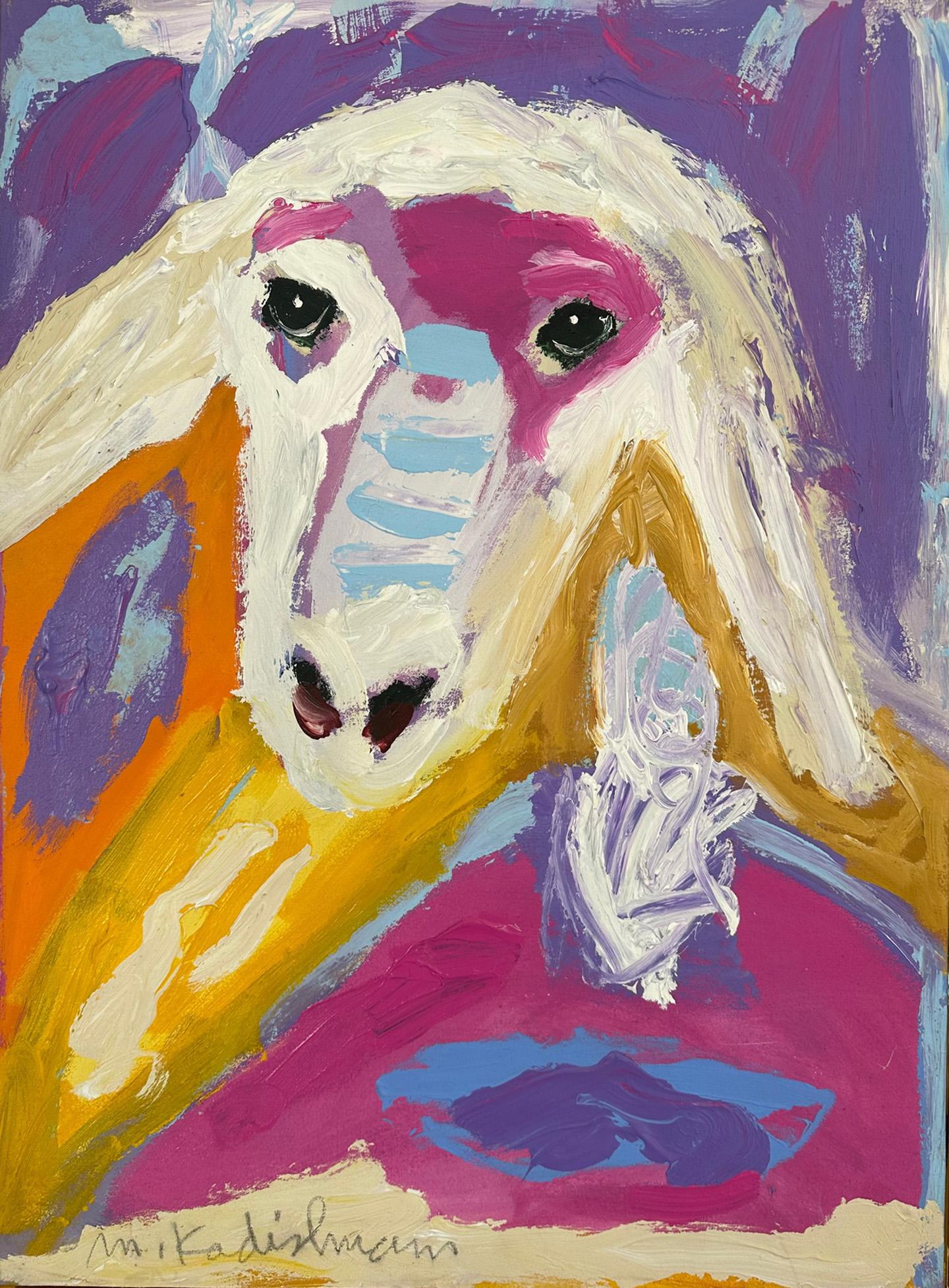 Beautiful canvas sheep painting colorful in purple and yellow  - Painting by Menashe Kadishman