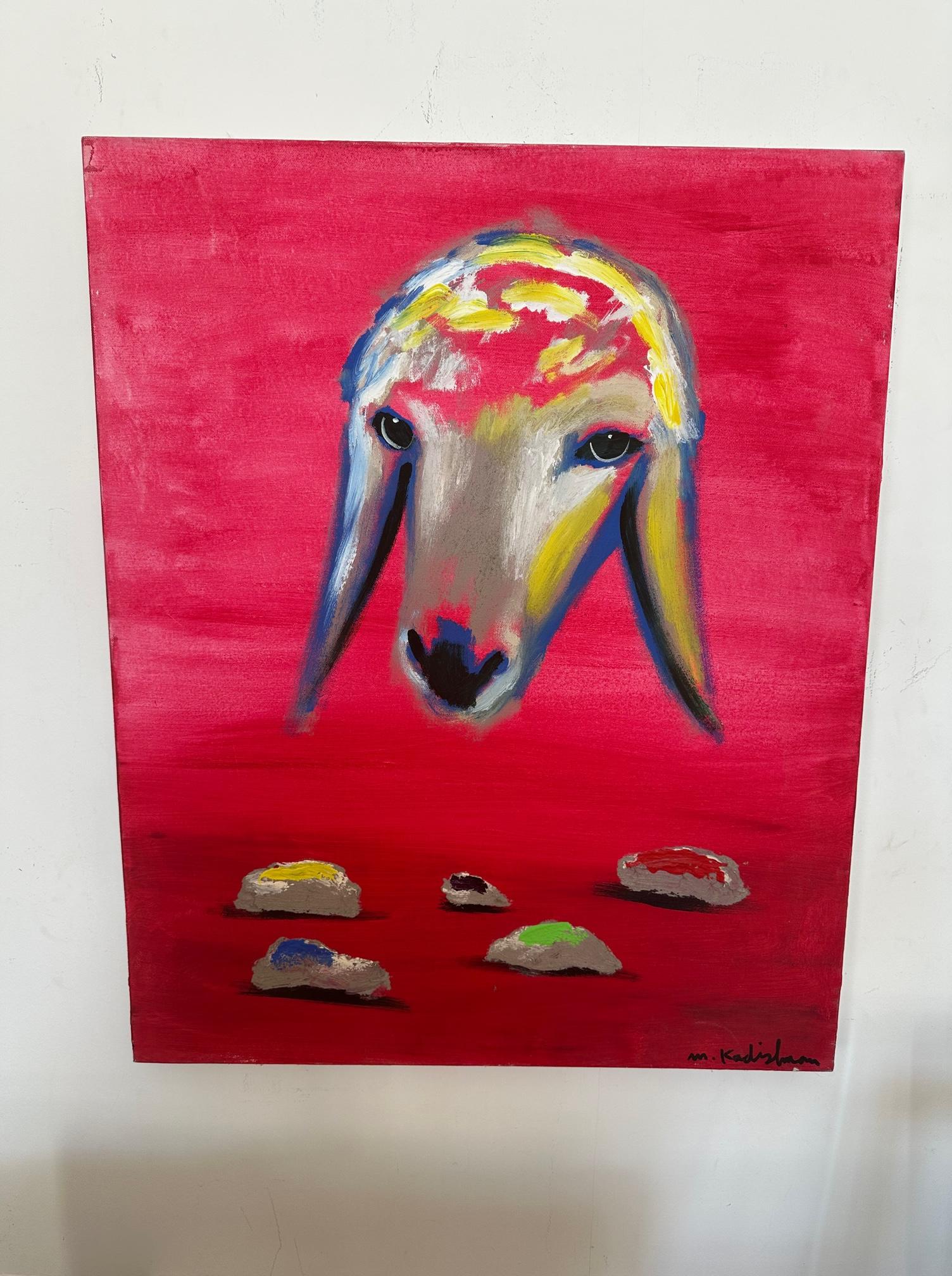 Beautiful painting, colorful and vibrant RED sheep head by Kadishman For Sale 1