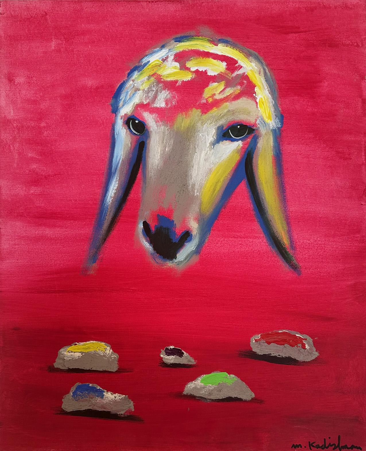 Beautiful painting, colorful and vibrant RED sheep head by Kadishman - Painting by Menashe Kadishman