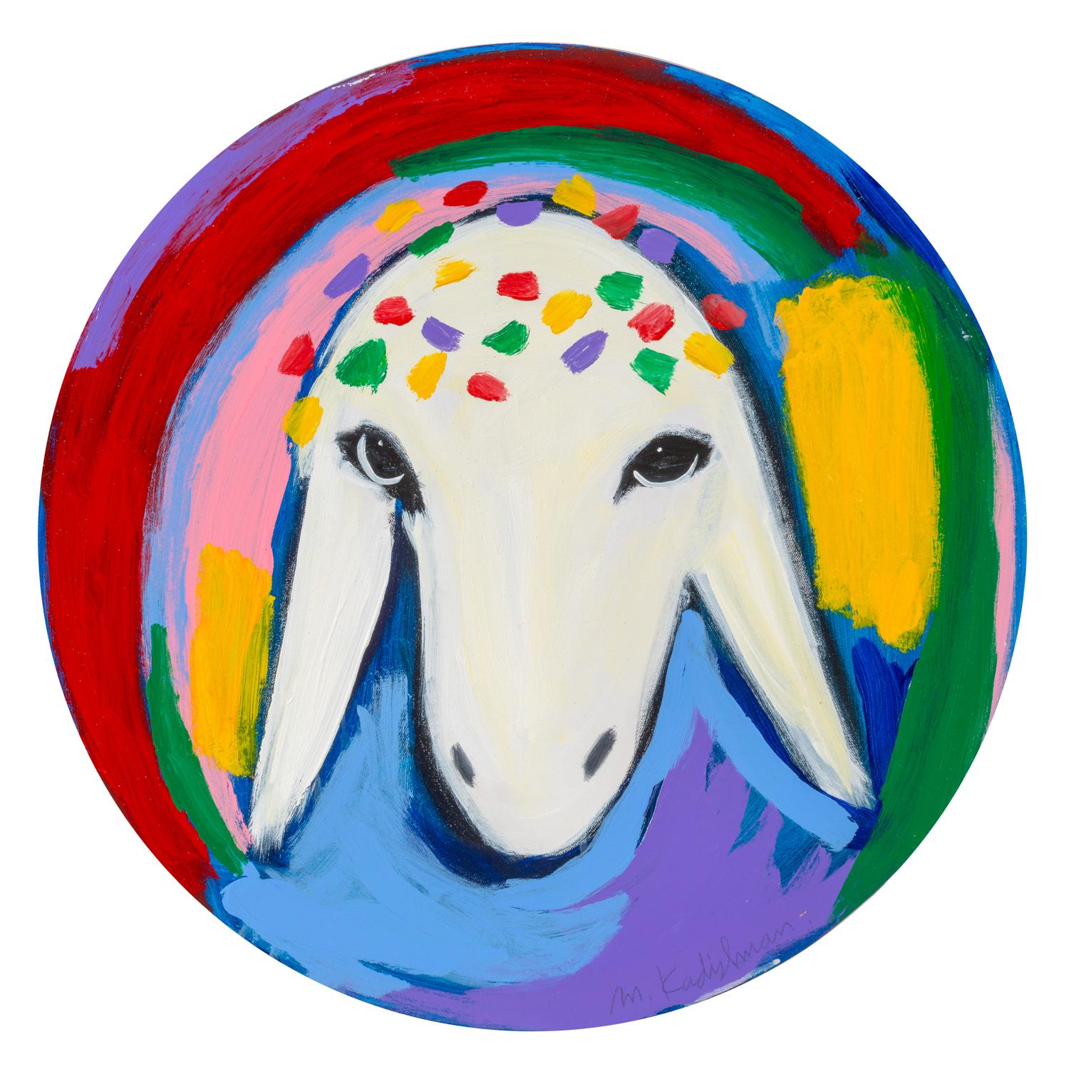 Menashe Kadishman Animal Painting - Meanshe Kadishman, Sheep head 21, circular painting,  Acrylic on canvas