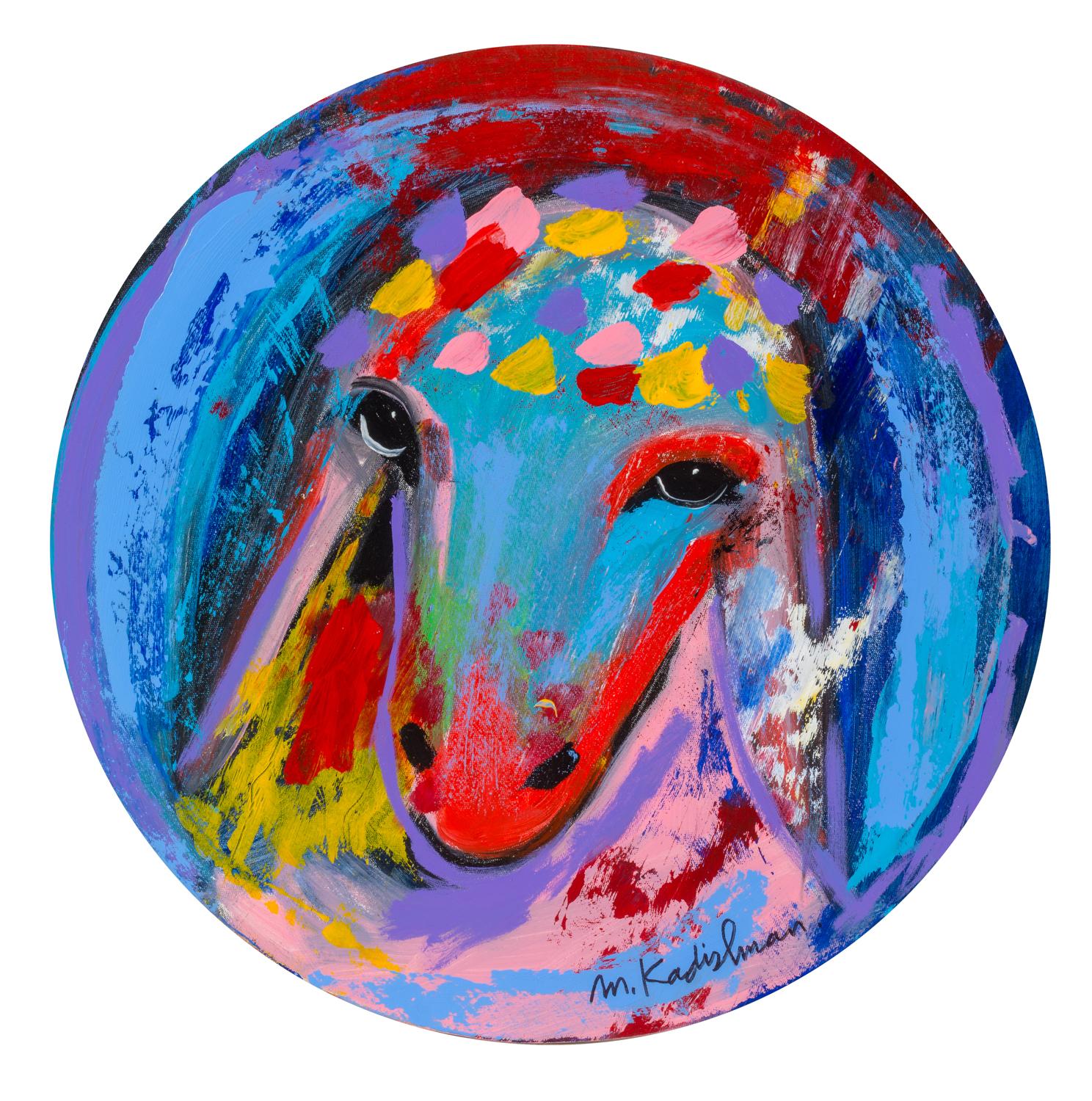 Menashe Kadishman, Cabeza de oveja 26, acrílico sobre lienzo, pintura circular, artista israelí, arte israelí, mitología, Biblia