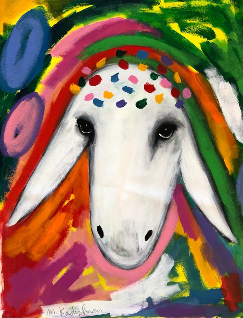 Menashe Kadishman, Sheep head, Symbolist painting, colored painting, Israeli art, Israeli art
