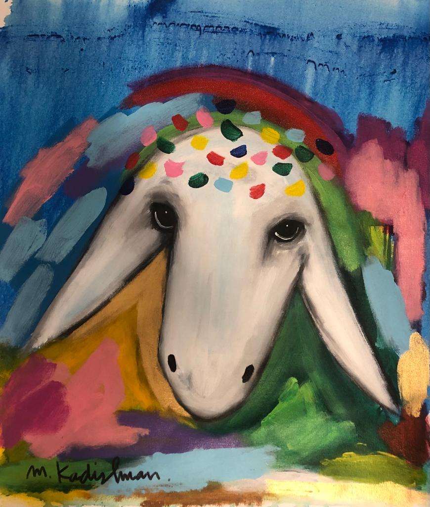 Menashe Kadishman, Sheep head, Symbolist painting, colored painting, Israeli art, Israeli art