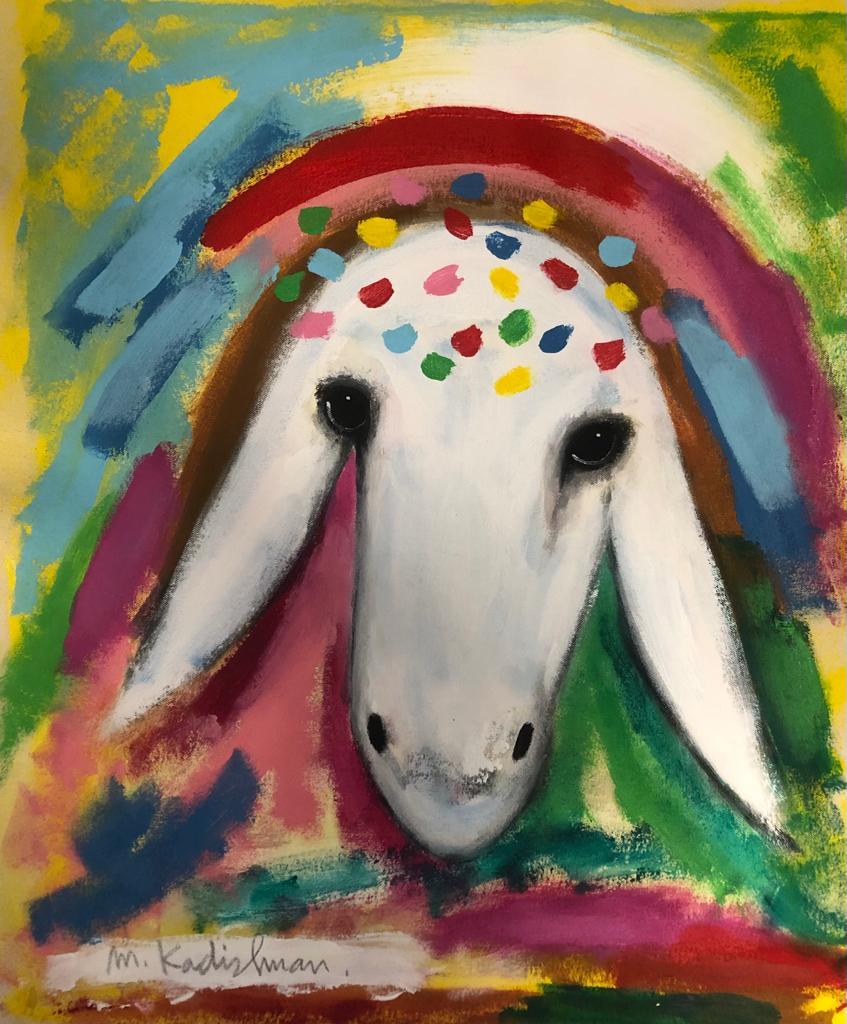 Menashe Kadishman, Sheep head, Symbolist painting, colored painting, Israeli art, Israeli art