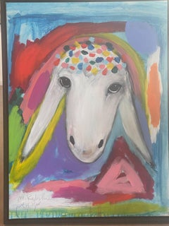 Menashe Kadishman, Sheep head, Colorful Crown, Acrylic on canvas