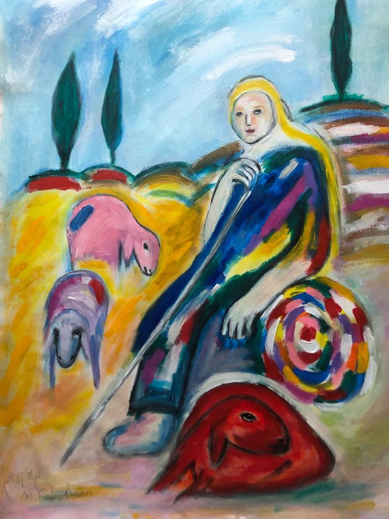 Menashe Kadishman, Female shepherd with sheep, Acrylic on canvas