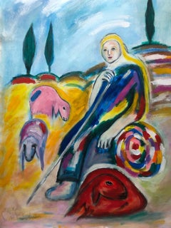 Retro Menashe Kadishman, Female shepherd with sheep, Acrylic on canvas