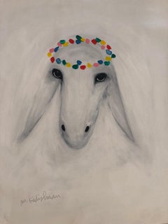 Menashe Kadishman, Testa di pecora, corona di cerchi, Acrilico su tela
