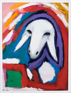 Menashe Kadishman, Sheep head, colored background, acrylic on canvas