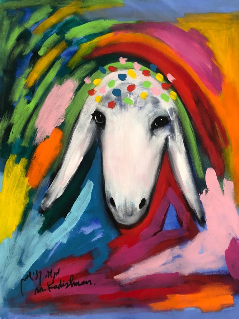 Menashe Kadishman, Sheep head, Symbolist painting, colored painting, Israeli art, Israeli art