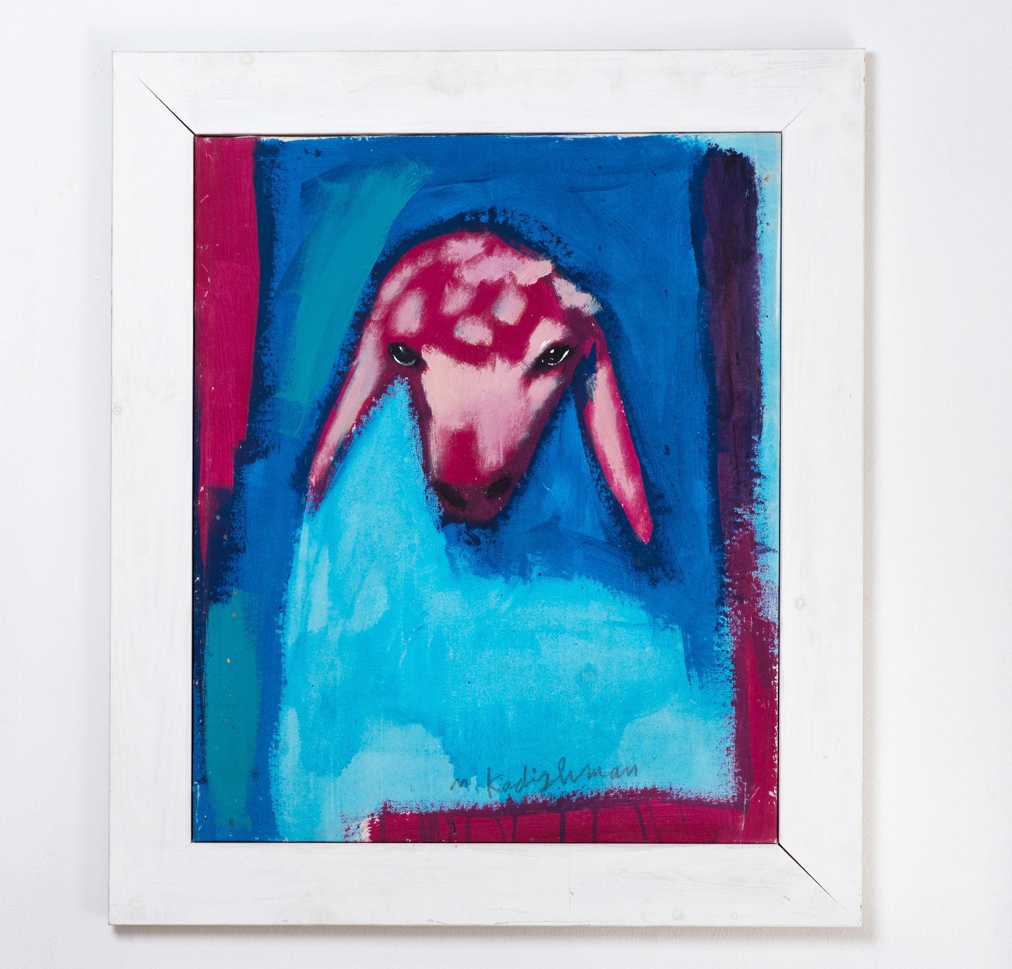 Menashe Kadishman, Sheep Head, turquoise, Symbolic work,  Acrylic on canvas