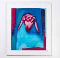Menashe Kadishman, Sheep Head, turquoise, Symbolic work, Acrylic on canvas