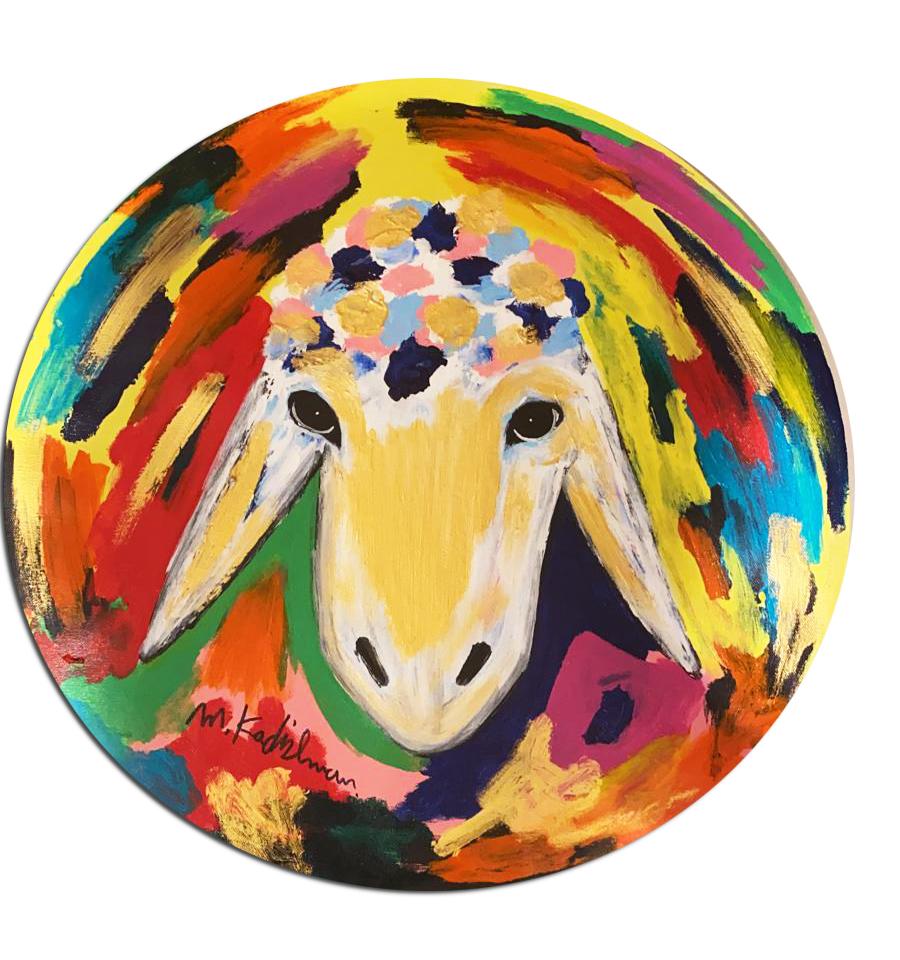 Round sheep head colorful with gold very nice work - Painting by Menashe Kadishman