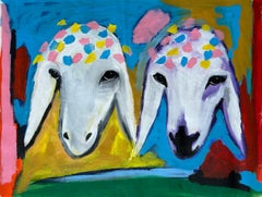 Royal Flock- Colorful Painting of Two Crowned Sheep Heads