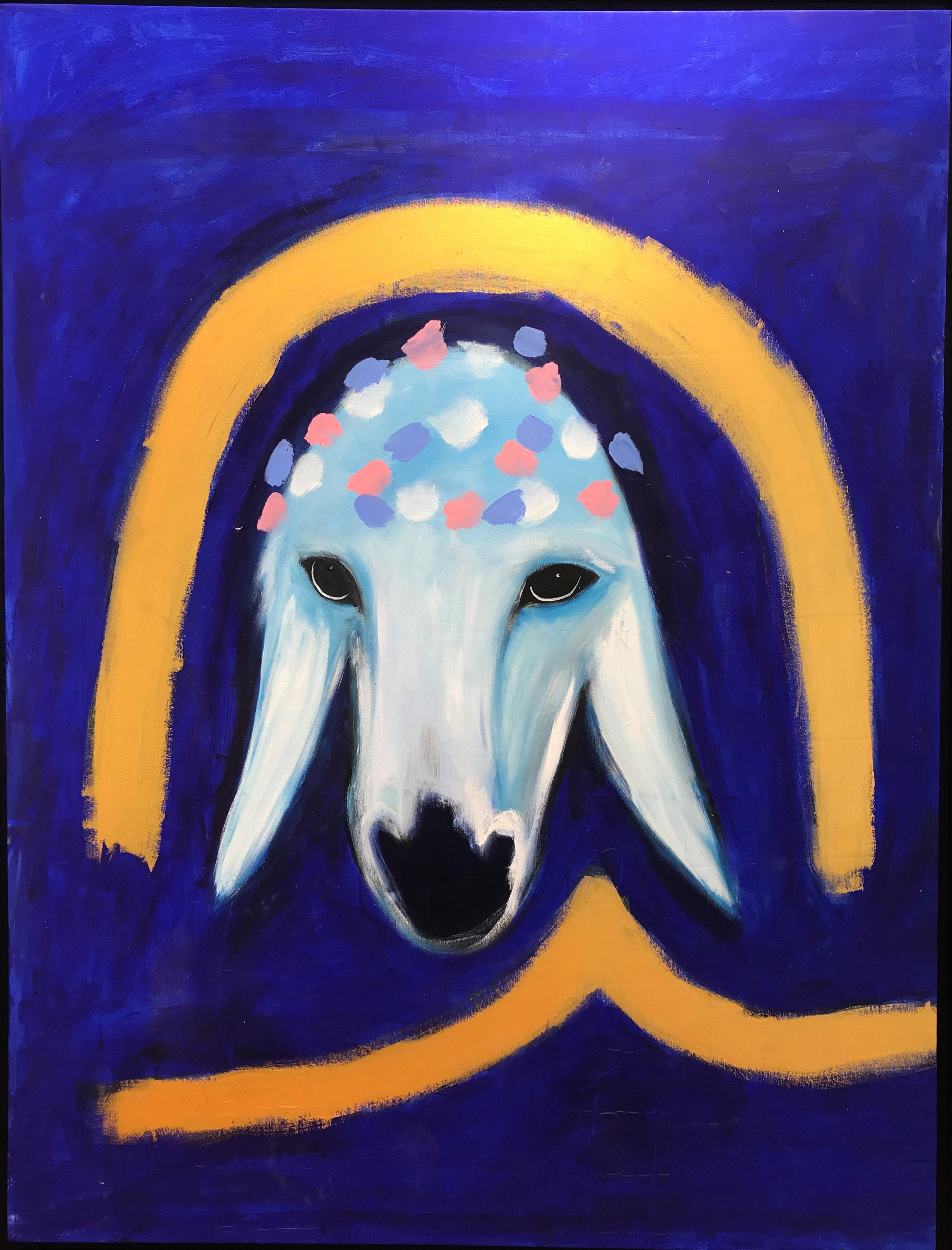 Sheep Head in Blue and gold - Painting by Menashe Kadishman