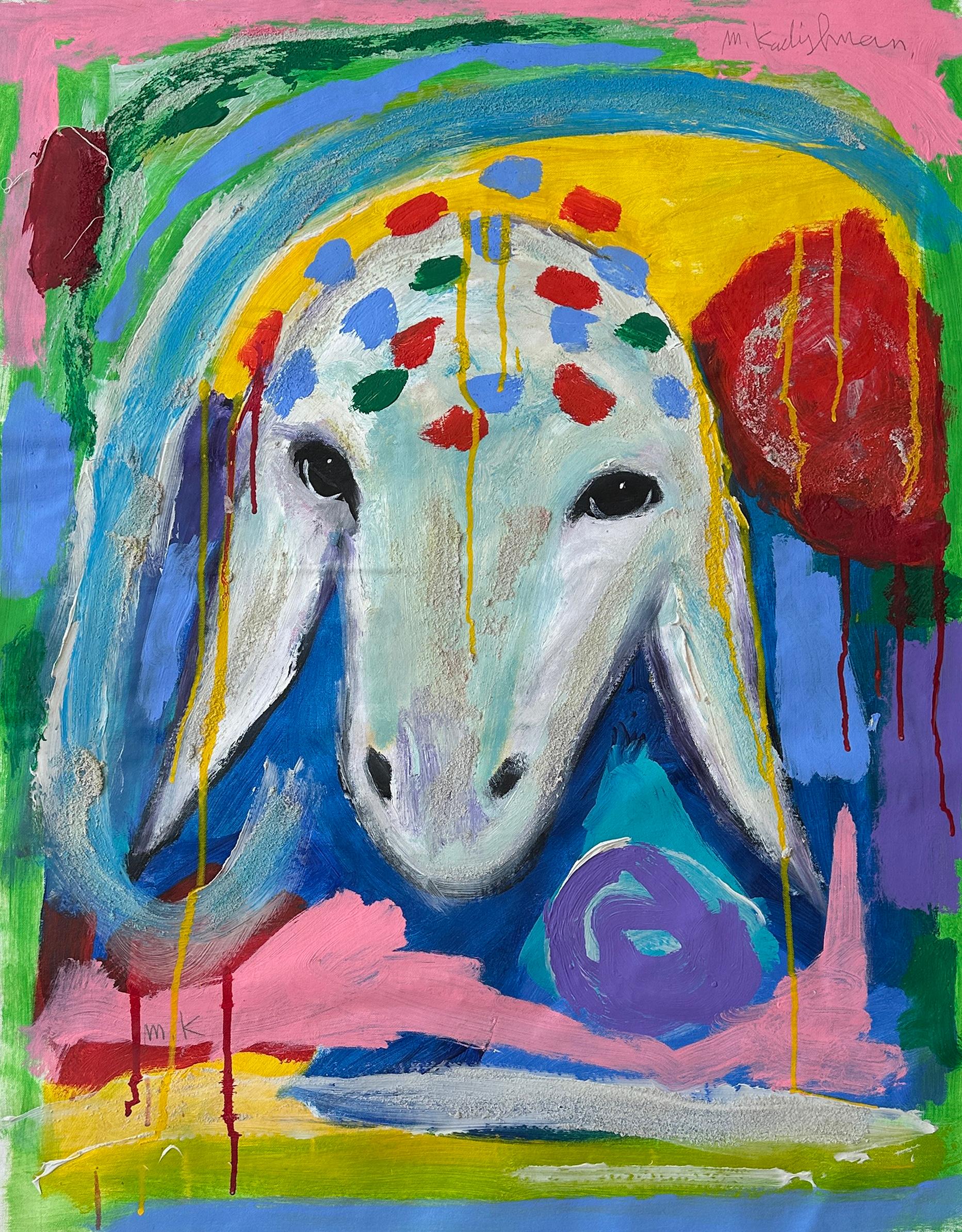 Menashe Kadishman Figurative Painting – Schafskopf mit buntem Hintergrund