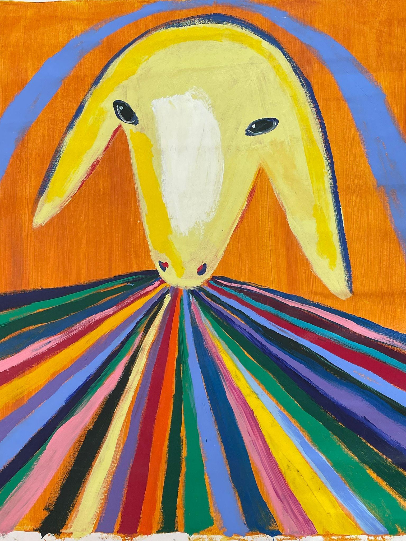 A beautiful Menashe Kadishman painting made with the artist's signature style and technique.
The painting depicts a colorful and special sheep with a rainbow underneath.
creating a colorful and enchanting scene.