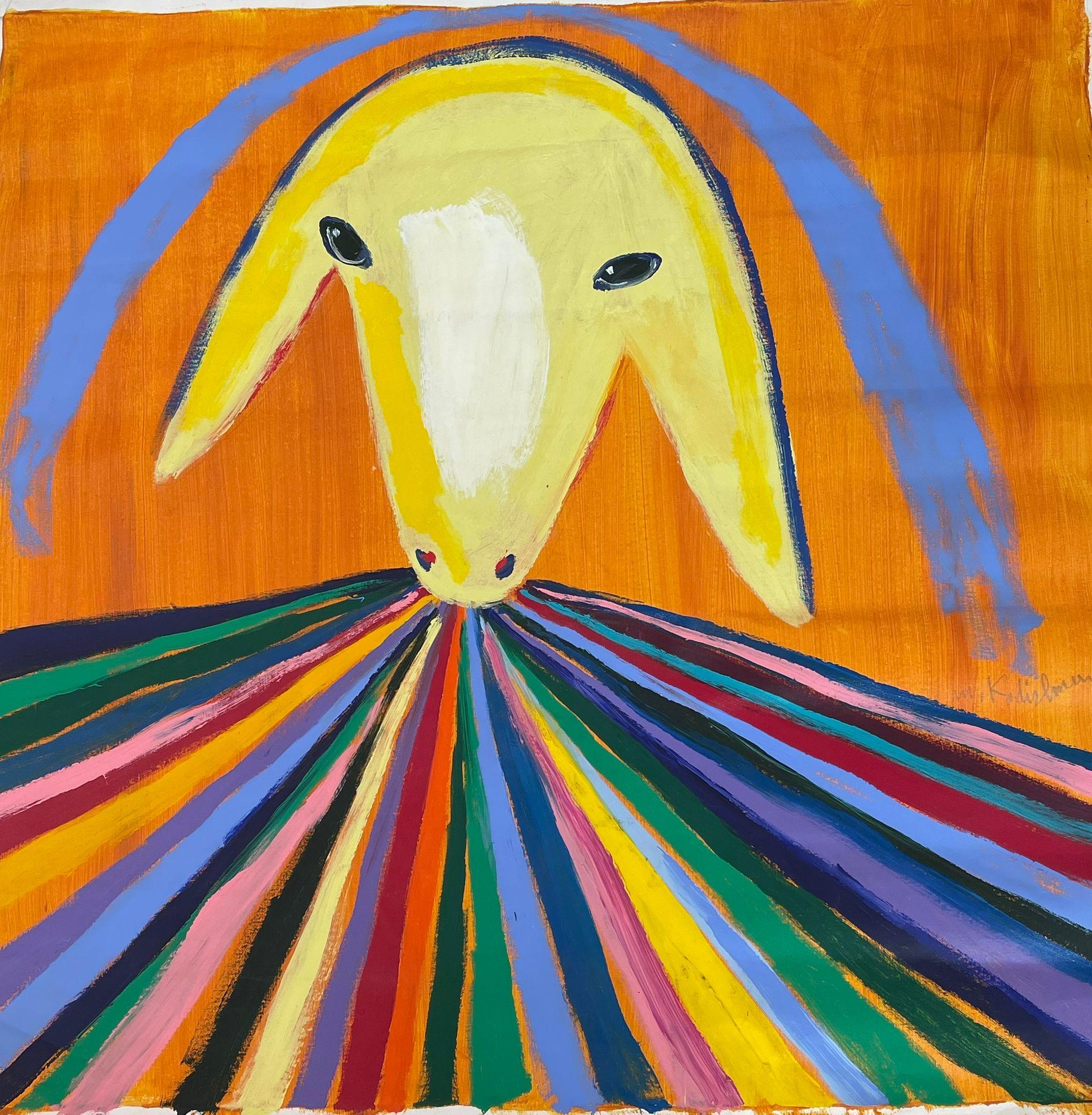 Sheep on rainbow - Painting by Menashe Kadishman