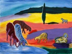 Vibrant Gathering - A Colorful Painting of a Flock of Sheep Drinking Water