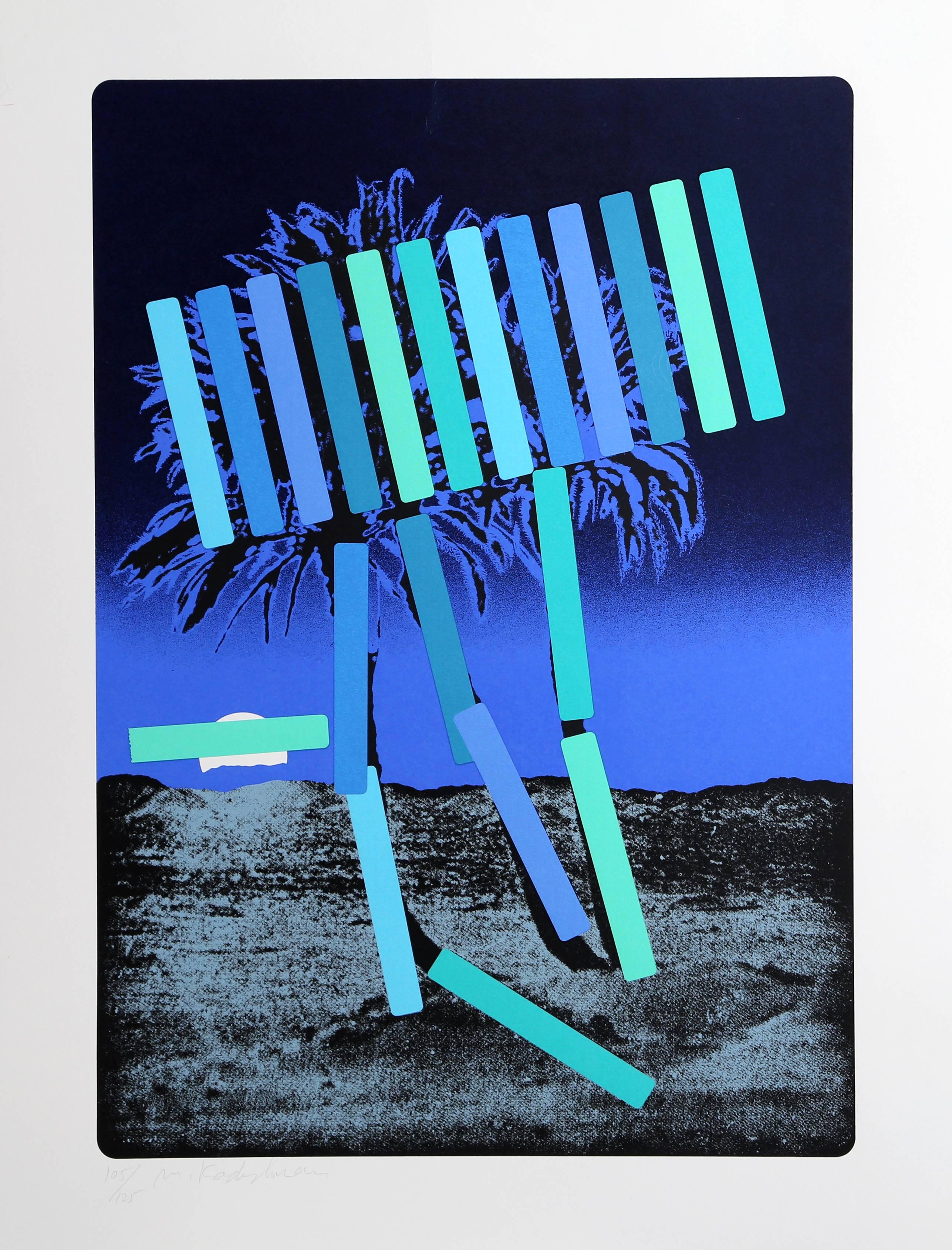 Menashe Kadishman Landscape Print - Blue Palm Trees