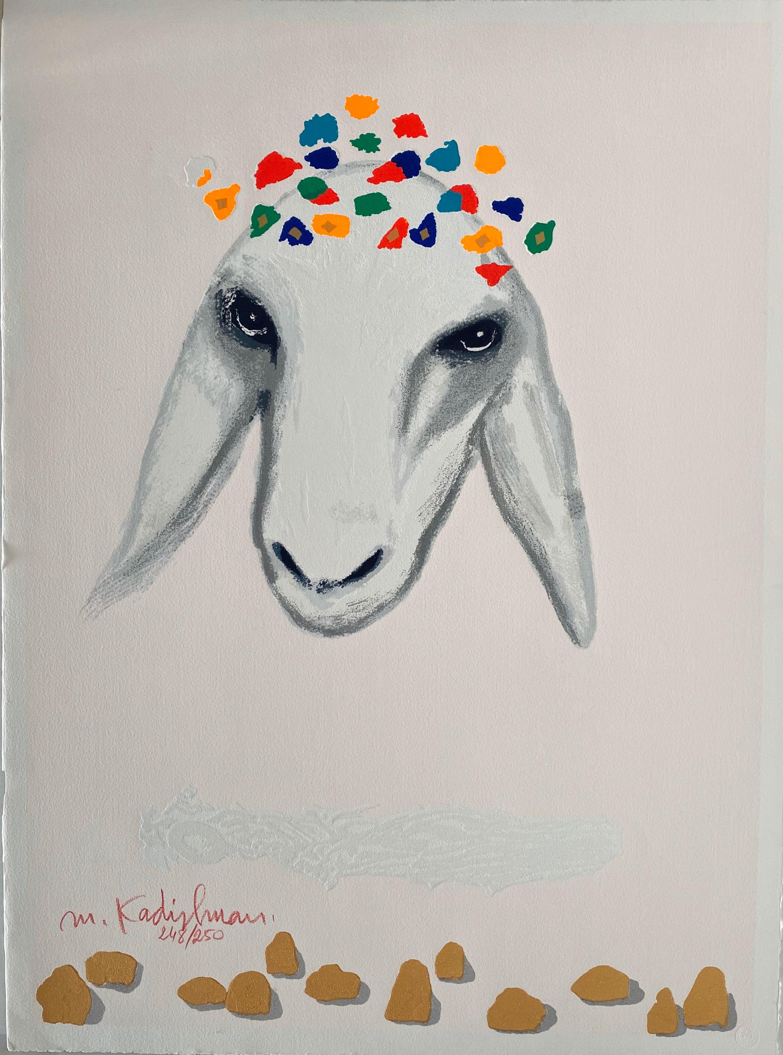 Menashe Kadishman Abstract Print - Kadishman Israeli Colorful Pop Art Screen Print Lithograph "Sheep Head" Judaica 