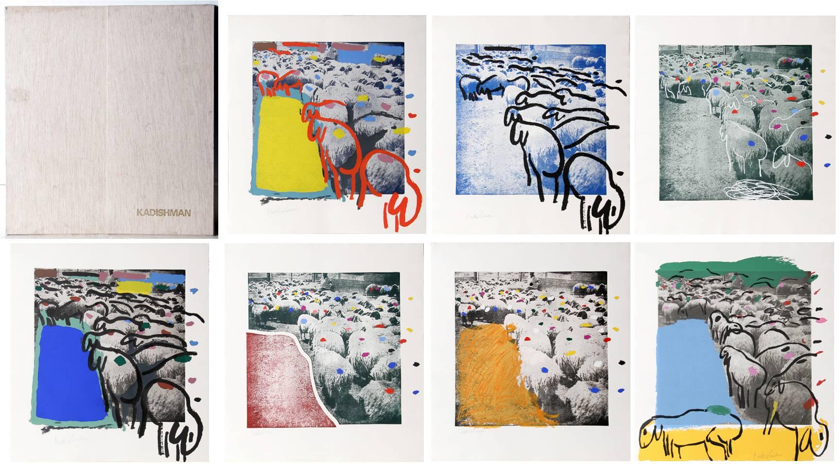 Künstler:  Menashe Kadishman, Israeli (1932 - 2015)
Titel: Portfolio Schafe
Jahr: 1981
Medium: Mappe mit 7 Serigraphien mit Radierung, jeweils mit Bleistift signiert
Auflage: 65, AP 5
Größe von jedem: 33,5 x 31 Zoll (85,09 x 78,74 cm)

Gedruckt von