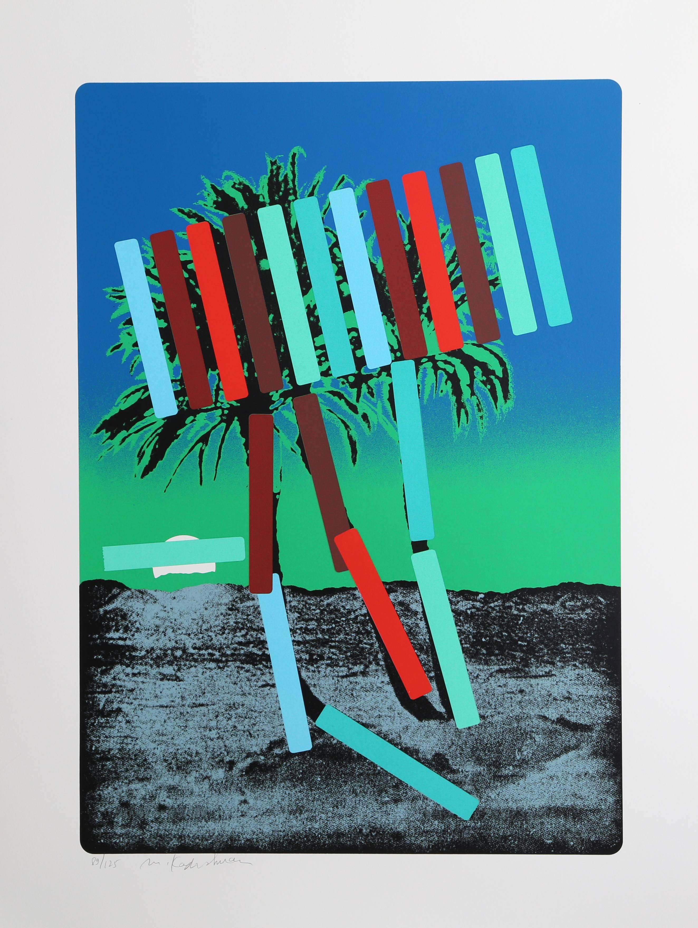 Artist:  Menashe Kadishman, Israeli (1932 - 2015)
Title:  Teal and Red Palm
Year:  circa 1979
Medium:  Serigraph, signed in pencil
Edition:  125, AP
Image Size: 30.5 x 21.5 inches 
Size: 40 x 29.5 in. (101.6 x 74.93 cm)