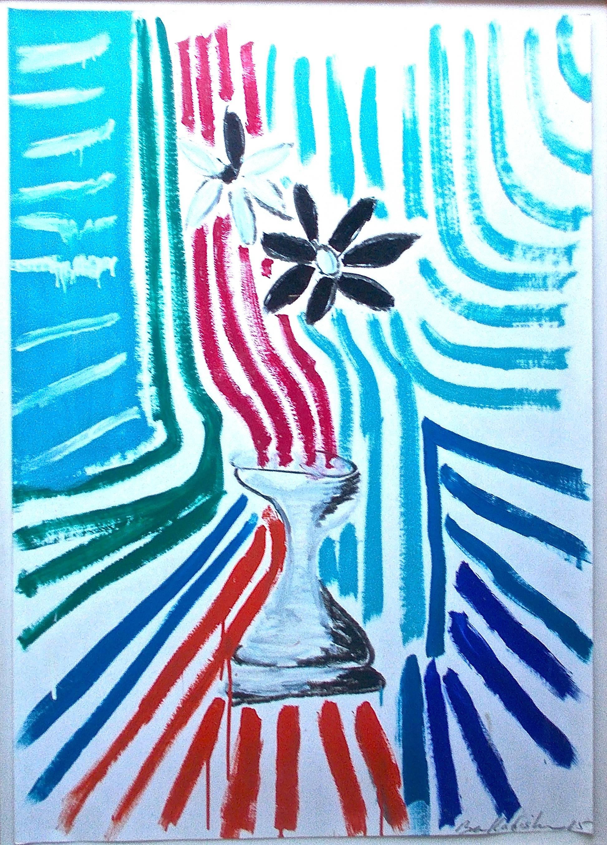 Une grande abstraction colorée de Kadishman (Israël 1932-2016) représentant un vase avec des fleurs, dans un espace dynamique. Menashe Kadishman était un artiste israélien important qui a fait l'objet d'une rétrospective au Musée juif de New York