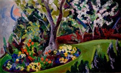 "Ani's Garden" 1971, 20th Century Oil on Panel by Spanish Artist Menchu Gal