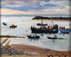 "Boats of Hondarribia", 20th Century Oil on Panel by Spanish Artist Menchu Gal