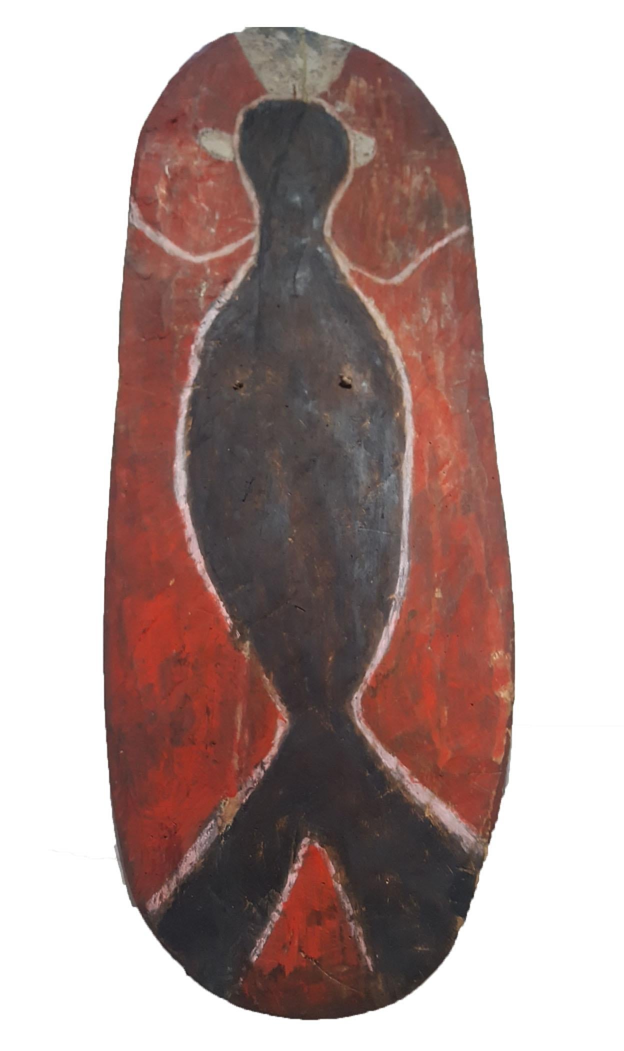A Mendi war or dance shield with painted figure 
Mendi Valley, Southern Highlands, Papua New Guinea
With painted figure which is thought to represent a ancestor
Oval shaped medium weight wood shield with sling cord with red, white and black paint,
