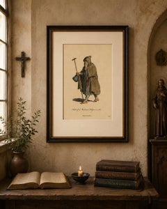 Mendicant Religious Costume Engraving, Pilgrim Monk, 1588 - Published in 1749