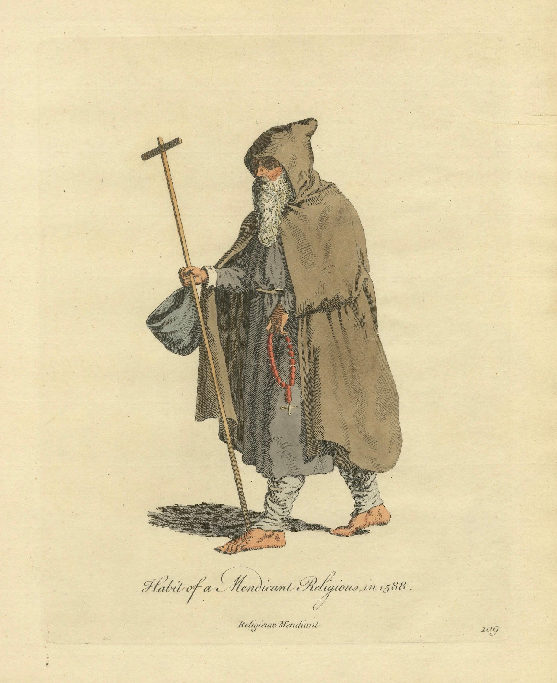 Mendicant Religious Costume Engraving, Pilgrim Monk, 1588 - Published in 1749