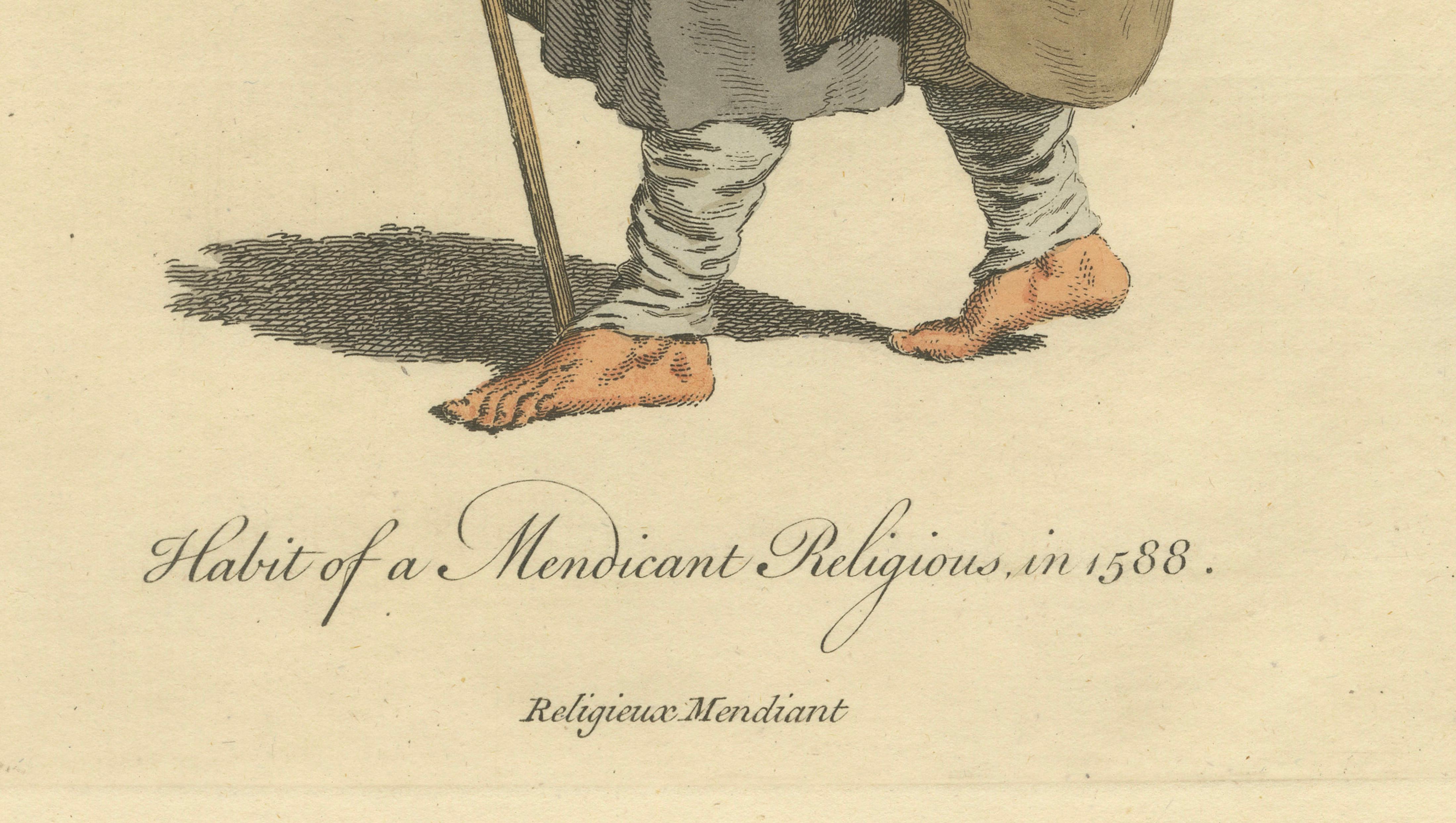 Mendicant Religious Costume Engraving, Pilgrim Monk, 1588 - Published in 1749