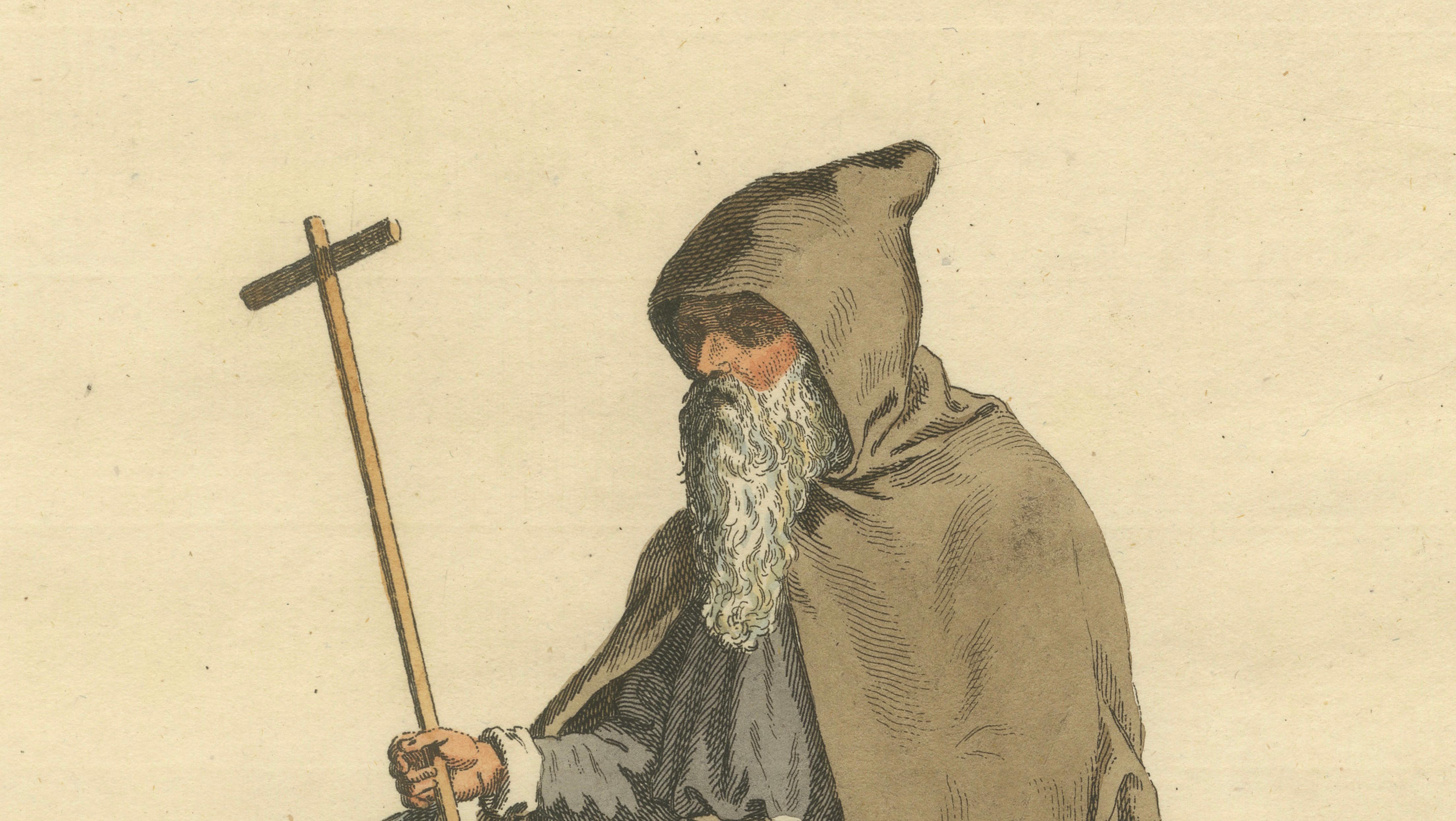 Mendicant Religious Costume Engraving, Pilgrim Monk, 1588 - Published in 1749